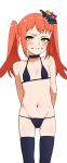  1girl absurdres bikini black_bikini black_choker black_thighhighs blush choker fire_emblem fire_emblem_engage flat_chest flower hair_flower hair_ornament highres looking_at_viewer navel orange_hair osame panette_(fire_emblem) solo stitched_mouth stitches swimsuit thighhighs twintails yellow_eyes 