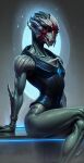 alien anthro black_body bodypaint bracelet crossed_legs face_paint female gem gold_(metal) grey_background grey_body grey_skin hi_res humanoid jewelry looking_at_viewer mass_effect simple_background sitting solo turian unknown_artist