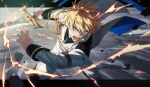  1boy aiguillette black_border black_shirt blonde_hair blue_eyes blue_necktie border buttons collared_jacket collared_shirt double-breasted energy feet_out_of_frame fighting_stance furrowed_brow hair_between_eyes holding holding_sword holding_weapon holostars jacket kishido_temma kishido_temma_(1st_costume) leaning_forward legs_apart letterboxed long_sleeves looking_at_viewer male_focus necktie open_mouth outside_border rock saku_(sakudeji) serious shirt short_hair solo standing sword tailcoat teeth virtual_youtuber weapon white_jacket 