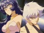  1990s_(style) 2girls angry anime_coloring bare_shoulders blue_eyeshadow blue_hair breasts brown_eyes cleavage clenched_teeth collarbone cutie_honey_flash dated dual_persona earrings eyelashes eyeshadow fake_screenshot grey_hair hazuki_seira jewelry leotard long_bangs long_hair magical_girl makeup medium_breasts miroku_(miroku_t) misty_honey_(flash) multiple_girls parody retro_artstyle scarf short_hair sidelocks signature smile spiked_hair strapless strapless_leotard style_parody teeth v-shaped_eyebrows very_long_hair yellow_scarf 