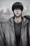  1boy black_hair black_shirt cityscape facing_viewer fushiguro_touji grey_hoodie greyscale hair_between_eyes highres hood hoodie jujutsu_kaisen long_sleeves looking_to_the_side male_focus monochrome scar scar_on_face scar_on_mouth shirt short_hair solo sso_s upper_body 