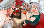  2girls ? big_mac blue_dress blue_eyes burger cellphone dress embarrassed food french_fries fumo_(doll) green_jacket green_skirt highres jacket konpaku_youmu looking_at_another mcdonald&#039;s multiple_girls partyu phone pink_hair saigyouji_yuyuko shirt skirt smartphone spoken_question_mark sweatdrop taking_picture touhou white_hair white_shirt 