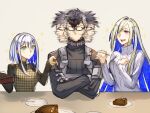  1boy 2girls aslaug_(fate) black_hair black_sweater blue_hair bright_pupils brynhildr_(fate) cake chocolate_cake colored_inner_hair commentary_request crossed_arms diagonal_bangs fate/grand_order fate_(series) food fork glasses green_eyes highres holding holding_fork kashia looking_at_another multicolored_hair multiple_girls open_mouth parody purple_eyes sigurd_(fate) sweater the_weaker_sex_1_(gibson) two-tone_hair white_hair white_pupils 