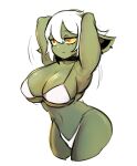  1girl absurdres armpits arms_behind_head arms_up bikini breasts closed_mouth colored_sclera colored_skin earrings female_goblin goblin green_skin hair_between_eyes highres jewelry large_breasts large_ears minchi_(anda) navel orange_eyes original pointy_ears solo stomach swimsuit white_background white_hair wide_hips yellow_sclera 