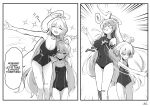  &gt;_&lt; 2girls :d ^^^ ^_^ absurdres ahoge alternate_language blue_archive breasts cleavage closed_eyes covered_navel emphasis_lines english_text feet_out_of_frame greyscale hair_between_eyes hair_intakes halo highres hoshino_(blue_archive) hoshino_(young)_(blue_archive) large_breasts long_hair monochrome multiple_girls nakatokung one-piece_swimsuit school_swimsuit slapping_breasts small_breasts smile sparkle speed_lines standing swimsuit very_long_hair yume_(blue_archive) 