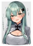  1girl alternate_costume blush border breasts china_dress chinese_clothes cleavage cleavage_cutout clothing_cutout commentary_request dress green_eyes green_hair grey_background hair_ornament kantai_collection large_breasts looking_at_viewer open_mouth outside_border parted_bangs sawamura_aoi smile solo suzuya_(kancolle) translation_request upper_body white_border white_dress 