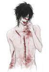  black_hair blood blood_stain cuts green_eyes hand_on_own_face highres injury long_hair qianyuzhu2 scar slow_damage stitches tongue tongue_out towa_(slow_damage) 