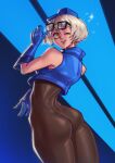  absurdres adjusting_eyewear ass black_bodysuit blue_gloves blue_headwear bodysuit crop_top cropped_jacket elizabeth_(persona) gloves hatidraw highres one_eye_closed persona persona_3 skin_tight tongue tongue_out white_hair yellow_eyes 