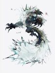  armor blue_scales blue_tail claws full_body highres horns kamikiririp large_hands monster monster_hunter_(series) no_humans open_mouth sharp_teeth simple_background solo spikes tail teeth white_background white_fur white_hair zinogre 