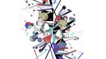  1boy ahoge arrow_(symbol) blonde_hair circle commentary_request cube cylinder geometry grey_sailor_collar hair_over_one_eye halftone hand_up highres kagamine_len machigami_yoh male_focus multiple_views partial_commentary sailor_collar sailor_shirt shirt short_hair short_sleeves upper_body vocaloid white_background white_shirt xyz_axis 