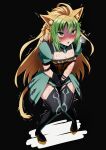  1girl ahoge animal_ears aroused atalanta_(fate) black_gloves blonde_hair blush breasts cat_ears cat_girl cat_tail fate/grand_order fate_(series) gloves green_eyes green_hair heavy_breathing highres legwear_garter open_mouth shaking simple_background small_breasts solo tail yuzu_kiro 