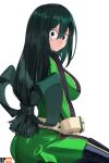  1girl :&gt; artist_logo artist_name ass asui_tsuyu black_footwear blush_stickers bodysuit boku_no_hero_academia boots breasts bright_pupils closed_mouth commentary double-parted_bangs expressionless from_side green_bodysuit green_eyes green_hair hair_between_eyes hair_rings highres kobi420 large_breasts long_hair looking_at_viewer low-tied_long_hair seiza simple_background sitting skin_tight solo superhero symbol-only_commentary thigh_boots turning_head very_long_hair white_background white_pupils 