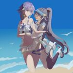  2girls bare_shoulders beach bikini bird black_bow black_gloves black_shorts black_thighhighs blonde_hair blue_background blue_eyes blue_hair blue_headwear blue_sky boots bow closed_eyes eyewear_on_head fingerless_gloves fu_hua fu_hua_(herrscher_of_sentience) fu_hua_(ooh!_summer!)_(herrscher_of_sentience) fu_hua_(seagull&#039;s_soar) fu_hua_(shadow_knight) gloves goggles grey_hair hair_between_eyes hair_ornament happy high_ponytail honkai_(series) honkai_impact_3rd hug hug_from_behind jewelry jumping lalala46802617 leg_tattoo long_hair looking_at_another low-tied_long_hair low_ponytail multicolored_hair multiple_girls navel ocean official_alternate_costume on_head open_mouth parted_lips ponytail short_shorts shorts single_glove single_thighhigh sky sleeveless star_(symbol) star_hair_ornament stomach streaked_hair sunglasses swimsuit tattoo thighhighs thighs torn_clothes torn_thighhighs unworn_eyewear unworn_goggles visor_cap white_bikini white_bird white_footwear white_hair white_swimsuit 