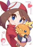 1girl animal bandana beak blue_eyes border brown_hair closed_mouth commentary_request gloves heart high_collar highres holding holding_animal looking_at_viewer may_(pokemon) medium_hair omochi_(omotimotittona3) one_eye_closed parted_bangs poke_ball poke_ball_print pokemon pokemon_(creature) pokemon_oras red_bandana red_border red_shirt shirt short_sleeves talons torchic white_background white_gloves 