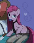  &lt;3 2016 2074 anus bed blue_eyes butt clothed clothing condom condom_in_mouth dock earth_pony equine female feral friendship_is_magic hair horse knife long_hair looking_back mammal my_little_pony on_bed pillow pink_hair pinkamena_(mlp) pinkie_pie_(mlp) pony pussy solo 