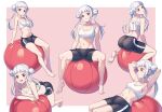  1girl abs arashi_chisato ass ball birthday breasts cleavage collarbone commentary double_bun exercise exercise_ball hair_bun highres looking_at_viewer love_live! love_live!_superstar!! multiple_views red_eyes shorts sitting small_breasts smile sports_bra tsukimi_seiya white_hair yoga 