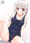  arm_support bare_legs bare_shoulders blush breasts cameltoe collarbone commentary_request covered_navel karutamo long_hair looking_at_viewer medium_breasts one-piece_swimsuit original red_eyes school_swimsuit silver_hair simple_background sitting smile solo spread_legs swimsuit tisshu_(karutamo) white_background 