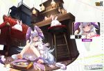 1girl animal_ears ankle_strap bare_shoulders benghuai_xueyuan blush bow breasts card carrot character_name choker copyright_name couch cup fake_animal_ears full_body glass_bottle hair_bow high_heels honkai_(series) indoors logo long_hair official_art on_couch purple_eyes rabbit rabbit_ears second-party_source sitting slumber_(benghuai_xueyuan) thigh_strap unworn_headwear white_hair 