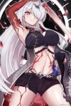  1girl absurdres acheron_(honkai:_star_rail) arm_up armpits bare_shoulders black_shorts breasts brulee cleavage coat commentary cowboy_shot crop_top grey_coat hair_over_one_eye highres holding holding_sword holding_weapon honkai:_star_rail honkai_(series) katana large_breasts long_hair looking_at_viewer midriff navel official_alternate_color open_clothes open_coat red_eyes short_shorts shorts solo standing stomach stomach_tattoo sword tattoo thighs very_long_hair weapon white_hair 