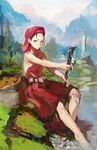  arata_yokoyama bare_shoulders barefoot blue_eyes highres looking_at_viewer original sitting soaking_feet solo staff water 