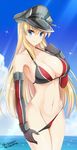  2016 absurdres adapted_costume arm_at_side artist_name bikini bikini_pull bismarck_(kantai_collection) black_gloves blonde_hair blue_eyes blue_sky breasts cleavage cloud collarbone dated day elbow_gloves gloves grey_bikini grey_hat groin hat highres kantai_collection large_breasts light_rays long_hair navel peaked_cap pulled_by_self red_bikini sky solo stomach summer sunlight swimsuit the-sinner very_long_hair 