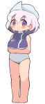  1girl arms_under_breasts barefoot blush breasts closed_mouth commentary_request crop_top crossed_arms full_body hat highres large_breasts letty_whiterock looking_at_viewer one-piece_swimsuit pink_hair purple_eyes purple_shirt shirt short_hair simple_background sleeveless sleeveless_shirt solo standing swimsuit touhou ugif white_background white_headwear white_one-piece_swimsuit 