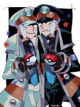  2boys artist_name black_background black_coat black_gloves black_headwear black_pants blue_necktie border brothers brown_coat coat commentary emmet_(pokemon) frown gloves grey_eyes grey_hair hat highres holding holding_poke_ball ingo_(pokemon) male_focus multicolored_coat multiple_boys necktie onigiri_niban outside_border pants poke_ball poke_ball_(basic) pokemon pokemon_bw sharp_teeth siblings smile star_(symbol) symbol-only_commentary teeth two-tone_coat white_border white_coat white_headwear white_pants 