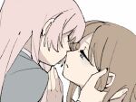  2girls bang_dream! bang_dream!_it&#039;s_mygo!!!!! blue_eyes bright_pupils brown_hair chihaya_anon chinese_commentary commentary_request grey_jacket hand_on_another&#039;s_face imminent_kiss jacket long_hair multiple_girls nagasaki_soyo parted_lips pink_hair simple_background upper_body white_background white_pupils yanlingjinshilihuahua yuri 