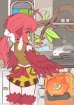  1girl absurdres ahoge animal_ears bird_ears bird_legs bird_tail bow branch breasts brown_eyes brown_tank_top coco_(eogks) cooking creature feathered_wings feathers fire food fruit frying_pan hair_bow harpy highres indoors large_breasts long_hair low_ponytail monster_girl nn_(eogks) original oven red_feathers red_hair red_wings skirt smile solo steam tail tank_top white_bow window winged_arms wings yellow_skirt 