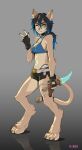  1girl animal_ears artist_name belt black_gloves black_hair black_shorts blue_bra blue_hair body_fur bra breasts cat_ears cat_girl cat_tail cleavage closed_mouth commission d-rex dagger fang fingerless_gloves furry gloves gradient_background grey_belt hair_between_eyes highres holding holding_dagger holding_knife holding_weapon knife long_hair medium_breasts navel one_eye_closed original shorts smile solo standing stomach tail underwear weapon 