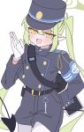  1girl :d bag blue_archive blue_shirt blue_shorts blush cowboy_shot demon_tail fang gloves green_hair halo hat highlander_twintails_conductor_(blue_archive) highres long_sleeves looking_at_viewer mesugaki military_uniform pointy_ears rco_as shako_cap shirt shorts shoulder_boards simple_background skin_fang smile solo tablet_pc tail twintails uniform white_background white_gloves yellow_eyes 