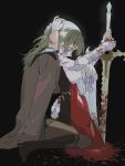  2girls arms_around_neck b_(wldms6650) black_background black_cape black_footwear black_jacket black_pantyhose blood blood_on_clothes blood_on_face blood_on_weapon byleth_(female)_(fire_emblem) byleth_(fire_emblem) cape commentary_request edelgard_von_hresvelg fire_emblem fire_emblem:_three_houses gauntlets green_eyes green_hair hair_ribbon hands_on_another&#039;s_head high_heels highres holding holding_sword holding_weapon jacket long_hair looking_at_another multiple_girls pantyhose planted planted_sword purple_ribbon red_cape ribbon simple_background sitting sword wariza weapon white_hair yuri 