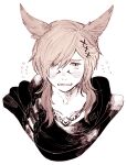  1boy animal_ears black_scarf blush brown_eyes brown_hair cat_ears collarbone commentary cropped_torso dated embarrassed eyes_visible_through_hair facial_mark final_fantasy final_fantasy_xiv flying_sweatdrops g&#039;raha_tia hair_down hair_ornament hatching_(texture) highres itowff14 looking_at_viewer male_focus medium_hair miqo&#039;te monochrome open_mouth portrait scarf signature simple_background solo straight-on swept_bangs white_background x_hair_ornament 