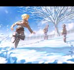  1girl 2boys armin_arlert bare_tree blonde_hair blue_sky boots brown_footwear brown_jacket cloud cropped_jacket day eren_yeager footprints from_side hands_on_own_hips highres jacket knee_boots leg_up letterboxed long_sleeves looking_at_another mikasa_ackerman multiple_boys noinoichebura open_mouth outdoors pants running shingeki_no_kyojin shirt short_hair sky snow standing survey_corps_(emblem) tree white_pants white_shirt winter 