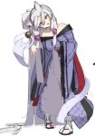  1girl :3 absurdly_long_hair adapted_costume alternate_hair_length alternate_hairstyle animal_ears bare_shoulders breasts fox_ears full_body ghost ghost_pose grey_hair head_tilt hikimayu hiragi_sage large_breasts long_hair long_sleeves looking_at_viewer nhk_(voiceroid) off_shoulder open_mouth purple_robe red_eyes robe sandals sidelocks simple_background socks solo standing touhoku_itako unfinished very_long_hair voiceroid white_background white_socks wide_sleeves zouri 