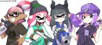  1boy 3girls artist_self-insert baseball_cap beanie clash_blaster_(splatoon) dark_skin demon_horns eromame fake_horns gem grey_eyes hand_in_pocket hand_on_own_hip hat headband holding holding_weapon hood hoodie horns inkling inkling_boy inkling_girl inkling_player_character jacket jersey looking_at_viewer mask mask_around_neck multiple_girls n-zap_(splatoon) over_shoulder pointy_ears ponytail print_headwear purple_hair shirt smile splat_bomb_(splatoon) splatoon_(series) splatoon_2 splattershot_jr_(splatoon) t-shirt tentacle_hair thick_eyebrows weapon weapon_over_shoulder 