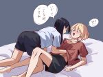  2girls bare_legs barefoot black_hair black_shorts blonde_hair blush commentary egakuning english_commentary girl_on_top grabbing grabbing_another&#039;s_breast hand_under_clothes hand_under_shirt highres indoors inoue_takina long_hair lycoris_recoil lying medium_hair multiple_girls nishikigi_chisato on_back on_bed open_mouth orange_eyes red_shirt shirt short_sleeves shorts speech_bubble translation_request white_shirt yuri 