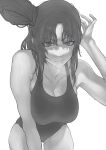  adjusting_hair ass_visible_through_thighs bare_shoulders breasts cleavage collarbone fate/grand_order fate_(series) greyscale highres leaning_forward long_hair looking_at_viewer monochrome one-piece_swimsuit simple_background sweat swimsuit taira_no_kagekiyo_(fate) thigh_gap tonko_from tsurime ushiwakamaru_(fate) white_background 