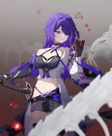  1girl absurdres acheron_(honkai:_star_rail) asymmetrical_gloves belt black_belt black_choker black_gloves black_shorts breasts chain choker cleavage coat commentary cowboy_shot crop_top elbow_gloves gloves grey_background hand_up highres holding honkai:_star_rail honkai_(series) long_hair medium_breasts midriff navel purple_eyes purple_hair short_shorts shorts single_bare_shoulder solo standing stomach very_long_hair white_coat yinhuayinhuahua 