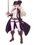  1girl belt black_coat black_hat blonde_hair boots breasts brown_belt brown_footwear cleavage coat commentary corrin_(female)_(fire_emblem) corrin_(fire_emblem) crop_top epaulettes fire_emblem fire_emblem_fates highres holding holding_sword holding_weapon large_breasts leggings long_hair long_sleeves looking_at_viewer midriff navel open_clothes open_coat pants pointy_ears red_eyes shirt smile solo sword truejekart very_long_hair weapon white_pants white_shirt 