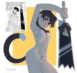 1girl animal_ears artist_name black_hair blush bra breasts brown_eyes cat_ears cat_tail chainsaw_man highres holding holding_sword holding_weapon kirto mitaka_asa navel panties simple_background solo sword tail underwear underwear_only weapon white_bra white_panties 