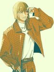  1boy ai_(ai1470) arm_up bleach blonde_hair blunt_bangs bob_cut brown_background brown_jacket brown_pants clenched_teeth cowboy_shot hand_in_pocket highres hirako_shinji jacket jewelry male_focus necklace open_mouth pants plaid plaid_jacket plaid_pants shading_face sideways_glance simple_background solo straight_hair sweater teeth turtleneck turtleneck_sweater white_background white_sweater 
