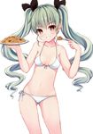  anchovy ass_visible_through_thighs bikini blush breasts brown_eyes cleavage commentary_request cowboy_shot drill_hair food fork front-tie_top girls_und_panzer green_hair hair_ribbon highres long_hair looking_at_viewer meatball navel pasta qunqing ribbon side-tie_bikini small_breasts smile solo spaghetti spaghetti_and_meatballs swimsuit twin_drills twintails white_bikini 
