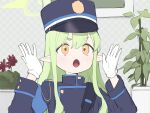  1girl :o absurdres armband bag black_hat blue_archive blue_armband buttons double-breasted gloves green_hair green_halo halo hands_up hat highlander_sidelocks_conductor_(blue_archive) highres long_hair long_sleeves open_mouth peaked_cap plant pointy_ears potted_plant shoulder_bag sidelocks signalviolet solo thick_eyebrows uniform upper_body white_gloves yellow_eyes 