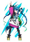  1girl @_@ ahoge animal_ears arm_up black_bodysuit blue_eyes blue_hair bodysuit bodysuit_under_clothes boots bow crossed_bangs drawstring full_body grin hair_bow hand_on_own_hip hashiro heterochromia highres hood hoodie horse_ears horse_girl horse_tail legs_apart long_hair looking_at_viewer multicolored_clothes multicolored_hoodie pink_eyes pointing pointing_up sidelocks smile solo standing striped_bow stuffed_animal stuffed_rabbit stuffed_toy tail twin_turbo_(umamusume) twintails umamusume very_long_hair white_background yellow_footwear 