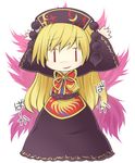  blonde_hair chibi dress hat jagabutter junko_(touhou) long_hair looking_at_viewer multiple_tails red_eyes revision smirk solo tabard tail teasing touhou translated waving_arms |_| 