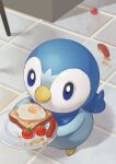  animal_focus bird blue_eyes bread bread_slice cherry_tomato commentary_request dropped_food food fried_egg fried_egg_on_toast highres holding holding_plate indoors no_humans penguin pepper_(spice) piplup plate pokemon pokemon_(creature) pokemon_airy sausage toast tomato walking 