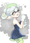  1girl bare_arms bare_shoulders black_dress bow-shaped_hair breasts dress earrings flipped_hair food food_on_head gloves green_pantyhose grey_hair half_updo highres hoop_earrings inkling jewelry marie_(splatoon) mole mole_under_eye object_on_head pantyhose pointy_ears short_dress solo splatoon_(series) strapless strapless_dress sushi swept_bangs tentacle_hair thick_eyebrows tombiham white_gloves yellow_eyes 