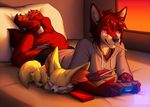  2016 3ds anklet anthro bed canine clothed clothing controller duo eyes_closed fennec fennekin feral fox fur game_controller hair hoodie inner_ear_fluff inside jewelry kazutsu kero_tzuki lying male mammal nintendo on_front orange_fur pillow pocky pok&eacute;mon ps4 red_eyes red_fur red_hair sleeping sunset video_games white_fur wolf yellow_fur 