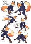 anthro canid canine clothed clothing english_text female fox hi_res isomaru katana mammal melee_weapon multiple_poses ninja pose simple_background solo sword text thought_bubble warrior weapon white_background